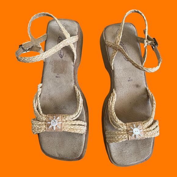 90's 00's vintage raffia braided ankle strap y2k platform sandals US Size 9 - Picture 7 of 8